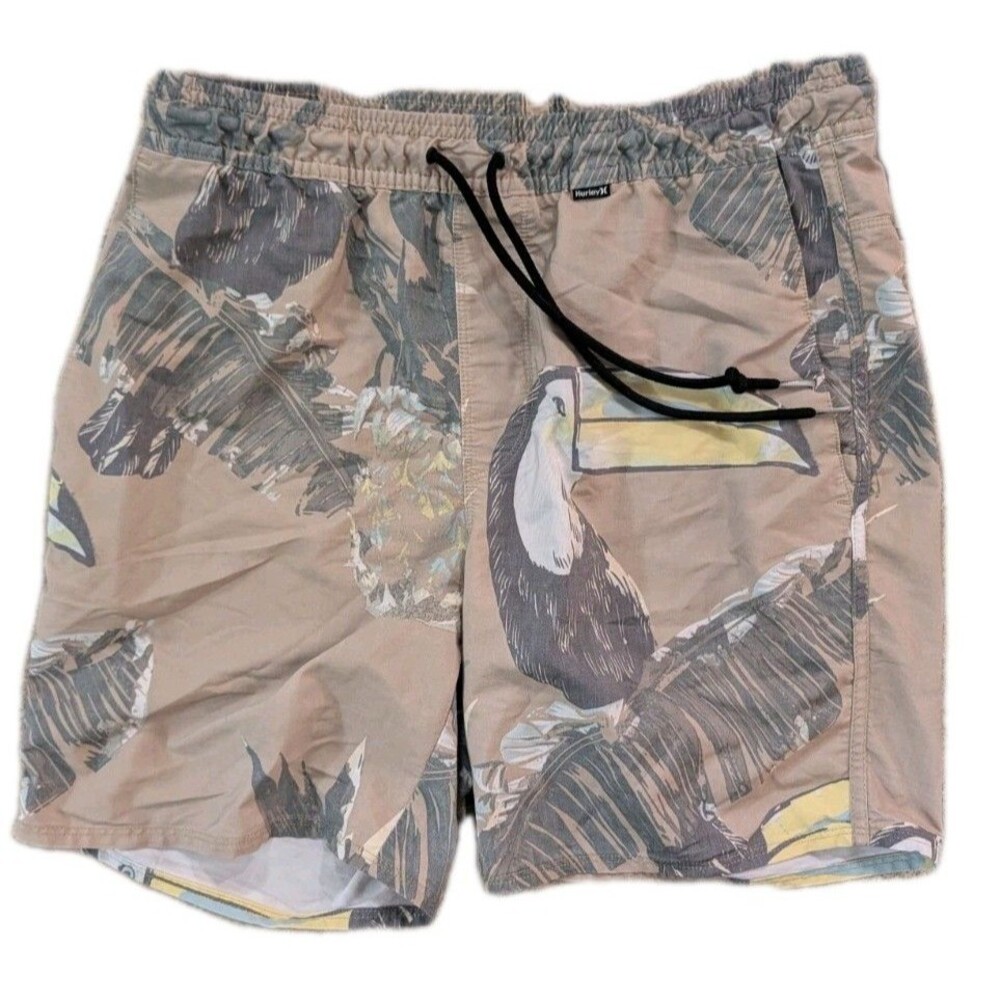 Hurley Men’s Swim Shorts Small Tropical Toucan Palm Print Elastic Boardshorts